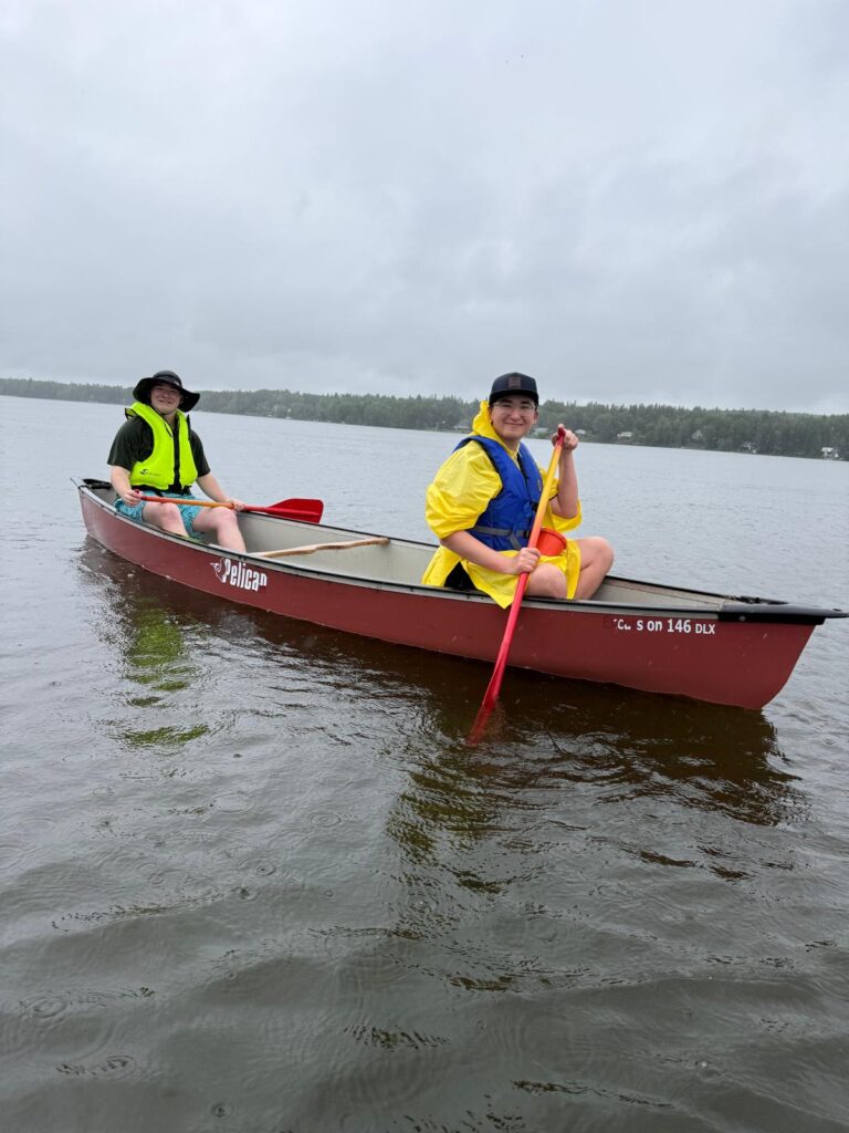 Two people paddling in a canoe